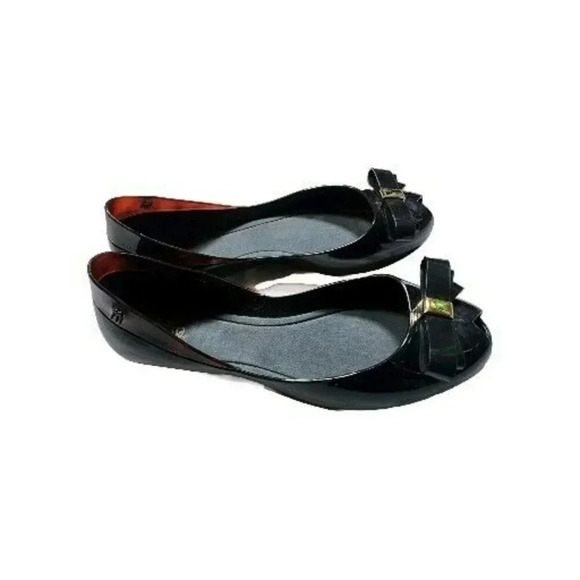 Melissa Black Tortoise Bow & Gold Detail Size 8 Peep Toe  Jelly PVC - Picture 3 of 9